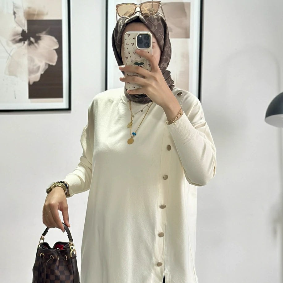 Düğmeli Merserize Tunik Ekru