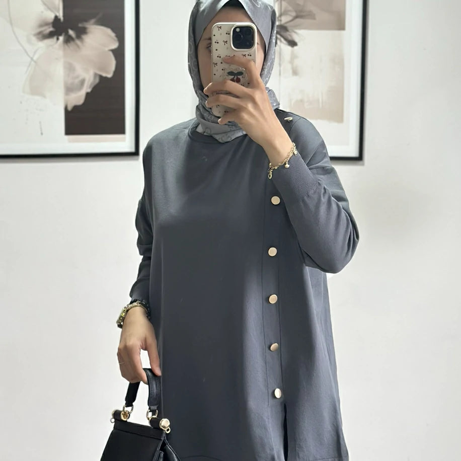 Düğmeli Merserize Tunik Antrasit