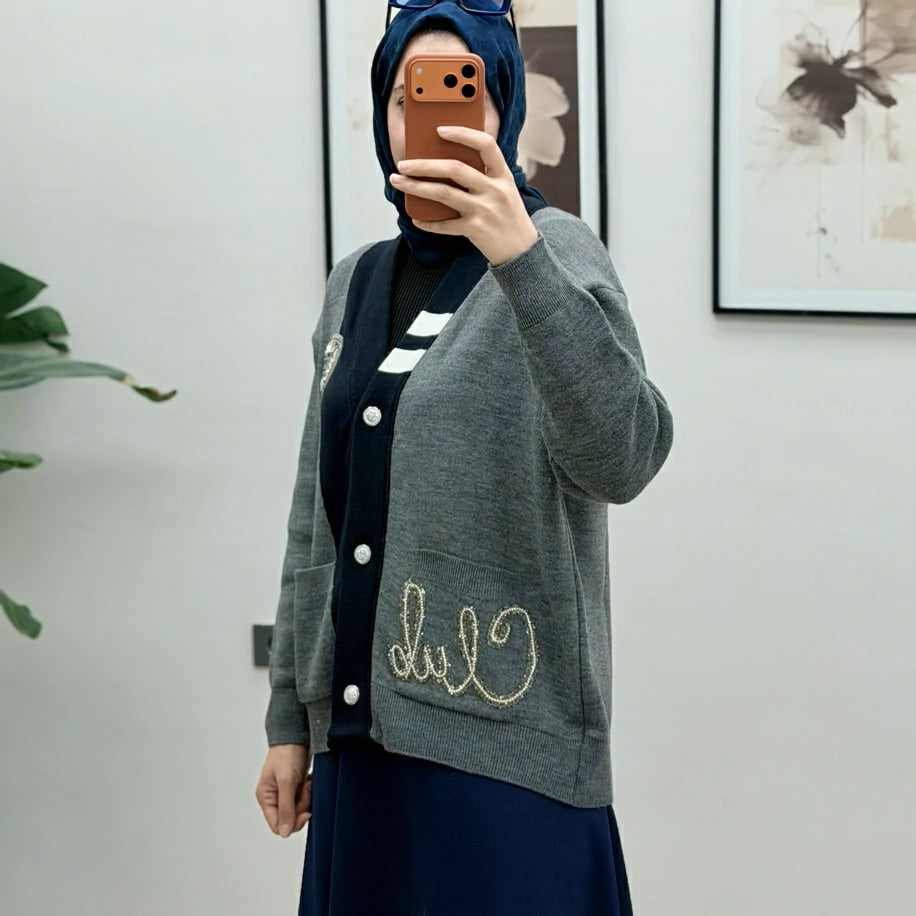 Bymen Taşlı Hırka Orj Gri