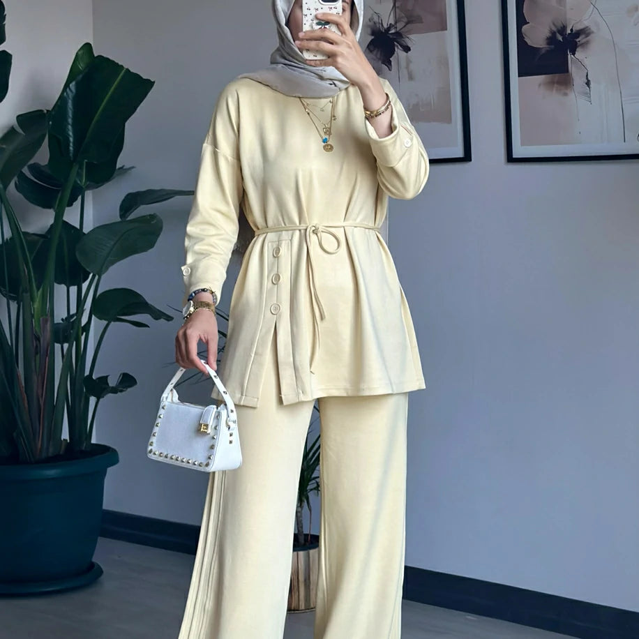 Düğmeli Takım Tereyağ Sarısı