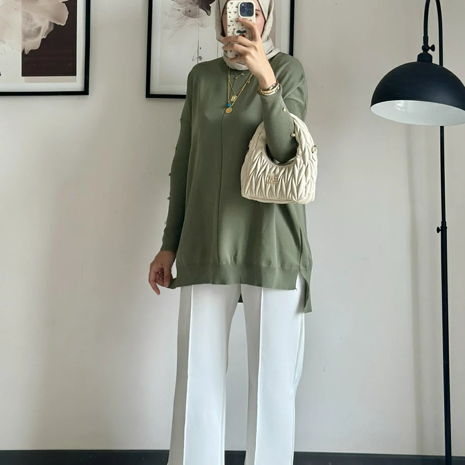 Çimalı Pantolon Beyaz