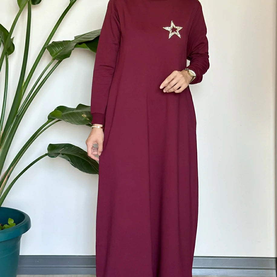 Yıldızlı Basic Elbise Bordo