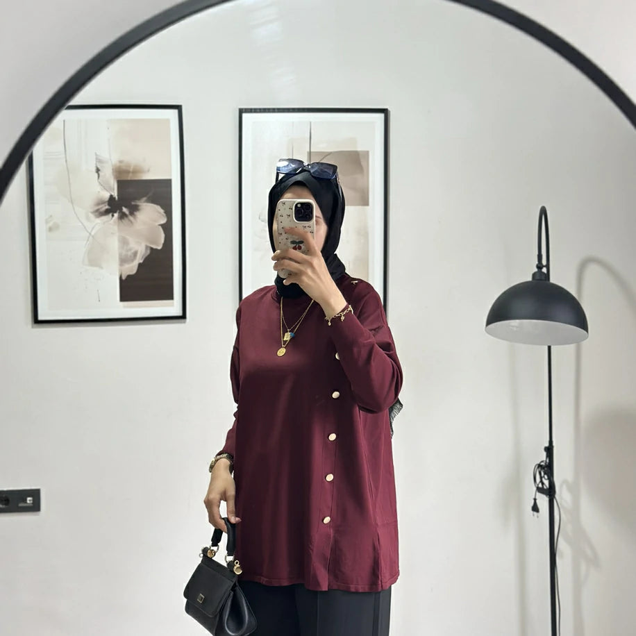 Düğmeli Merserize Tunik Bordo