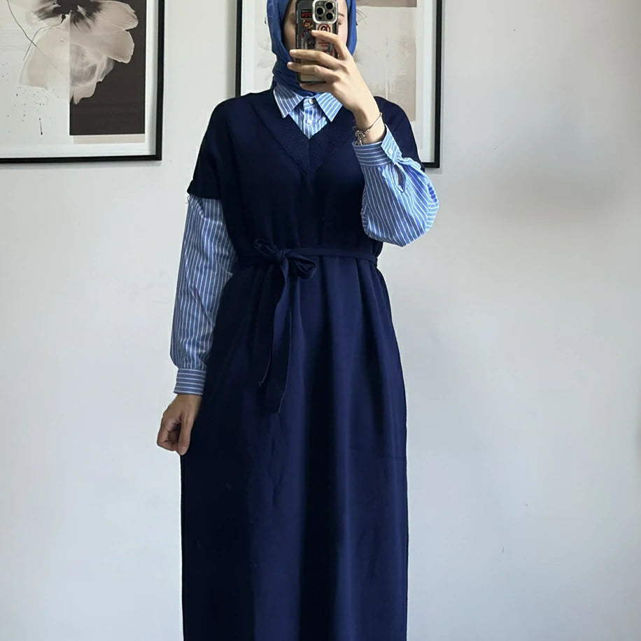 Poplin Detaylı Triko Elbise