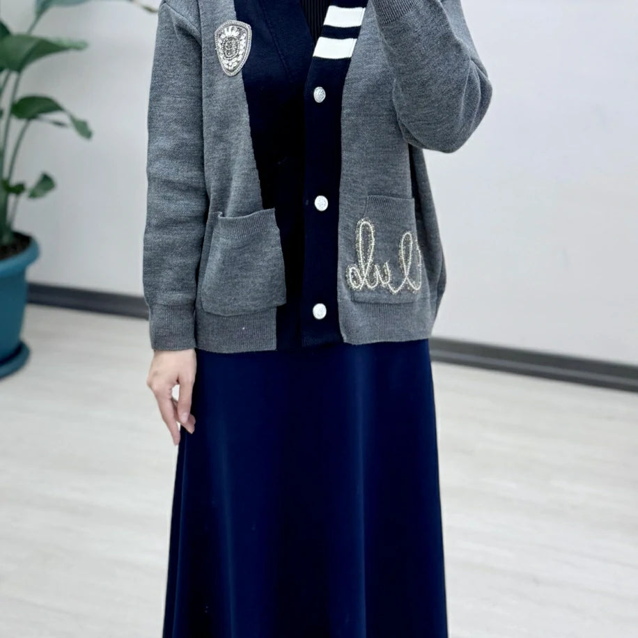 Bymen Taşlı Hırka Orj Gri