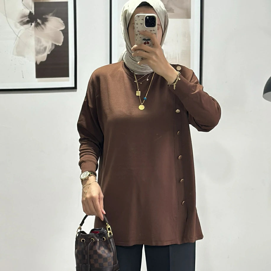 Düğmeli Merserize Tunik Kahve