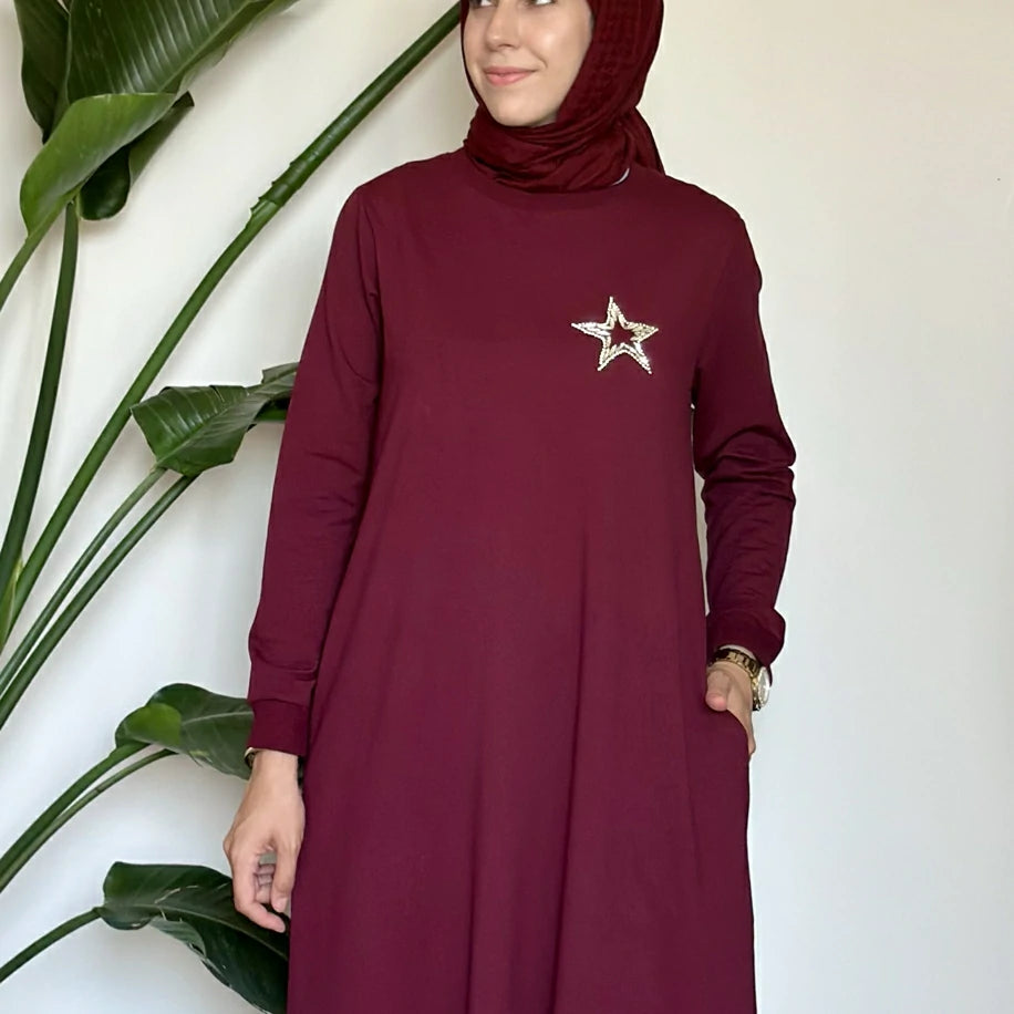 Yıldızlı Basic Elbise Bordo
