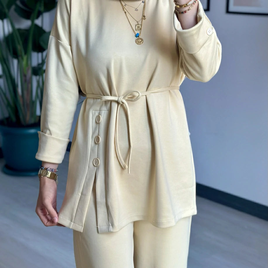 Düğmeli Takım Tereyağ Sarısı