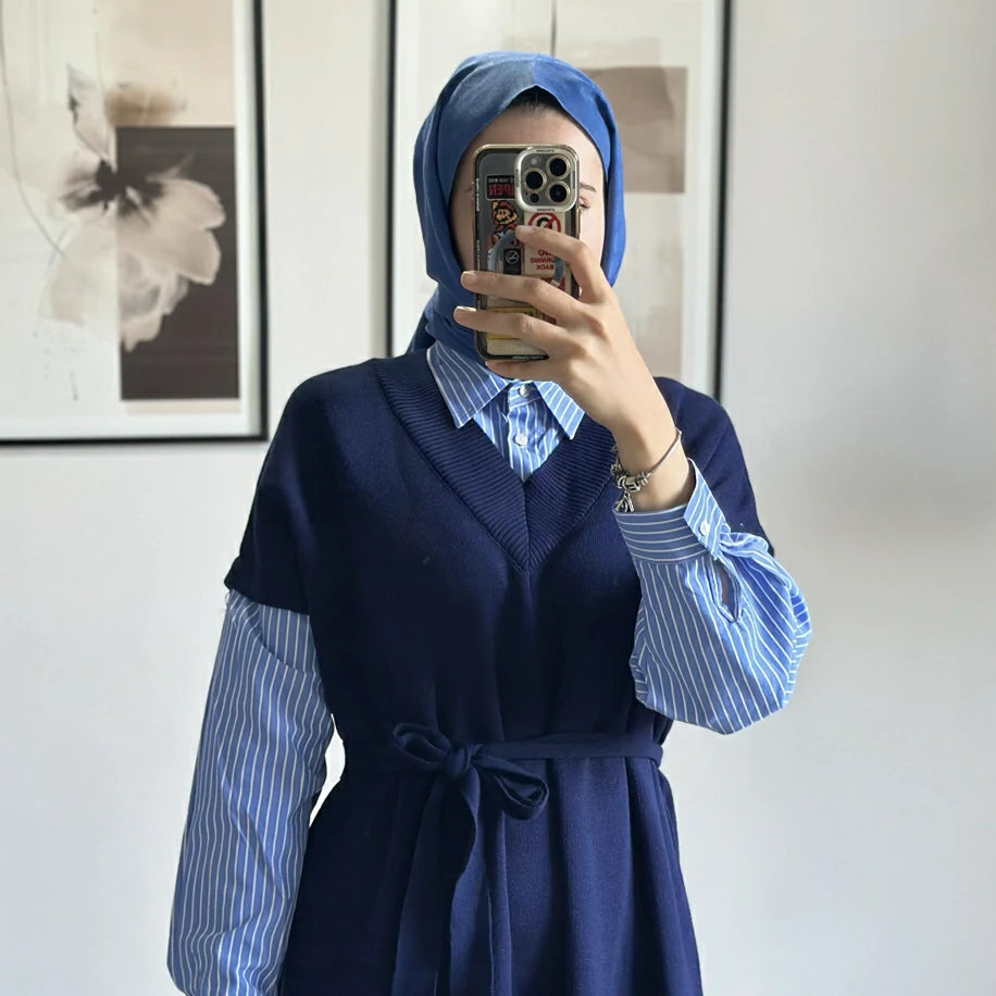 Poplin Detaylı Triko Elbise