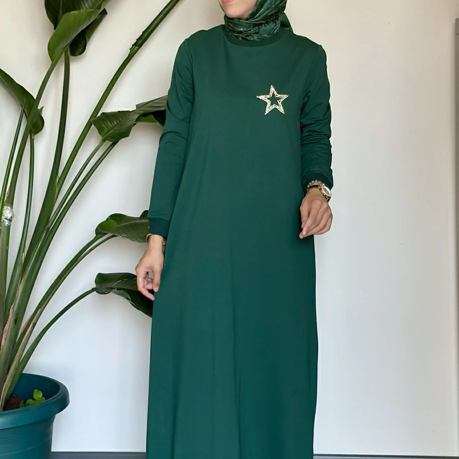 Yıldızlı Basic Elbise Zümrüt