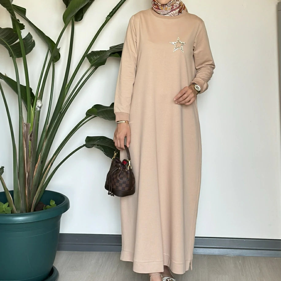 Yıldızlı Basic Elbise Camel