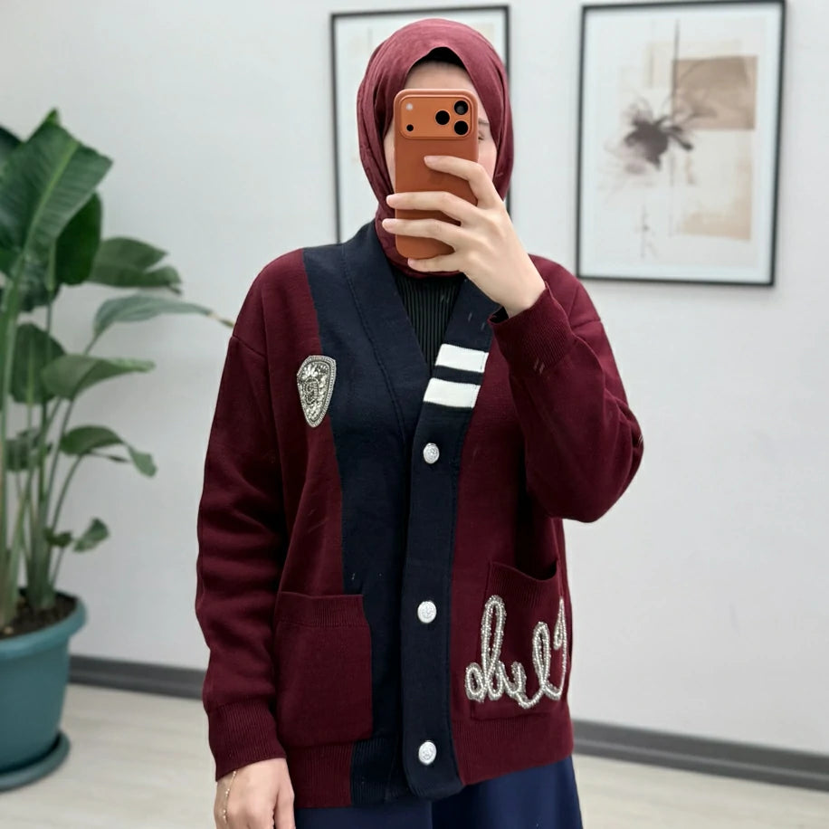 Bymen Taşlı Hırka Orj Bordo