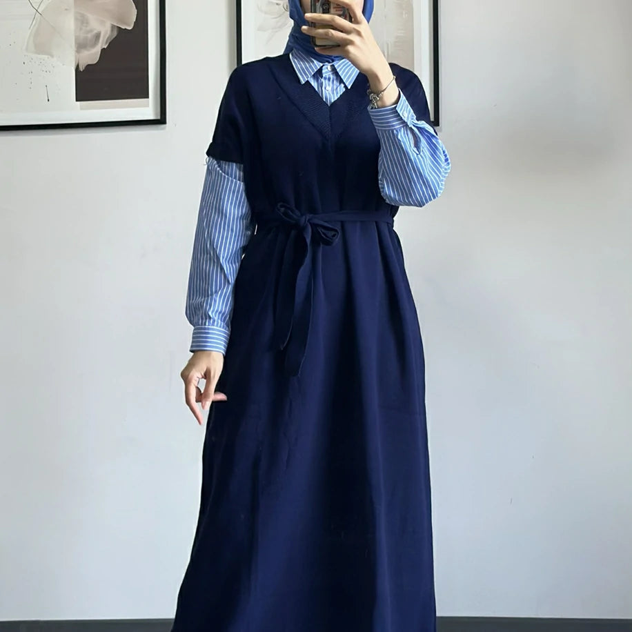 Poplin Detaylı Triko Elbise