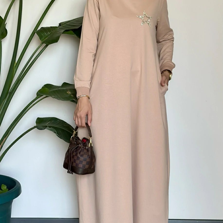 Yıldızlı Basic Elbise Camel