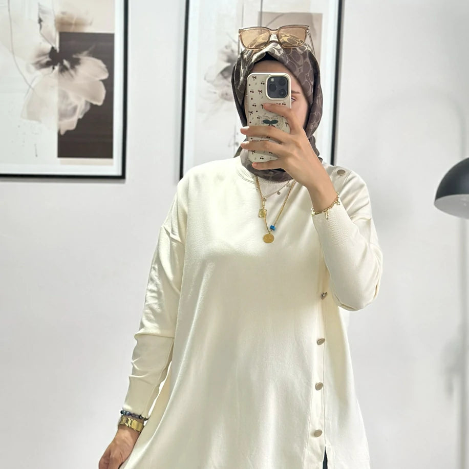 Düğmeli Merserize Tunik Ekru