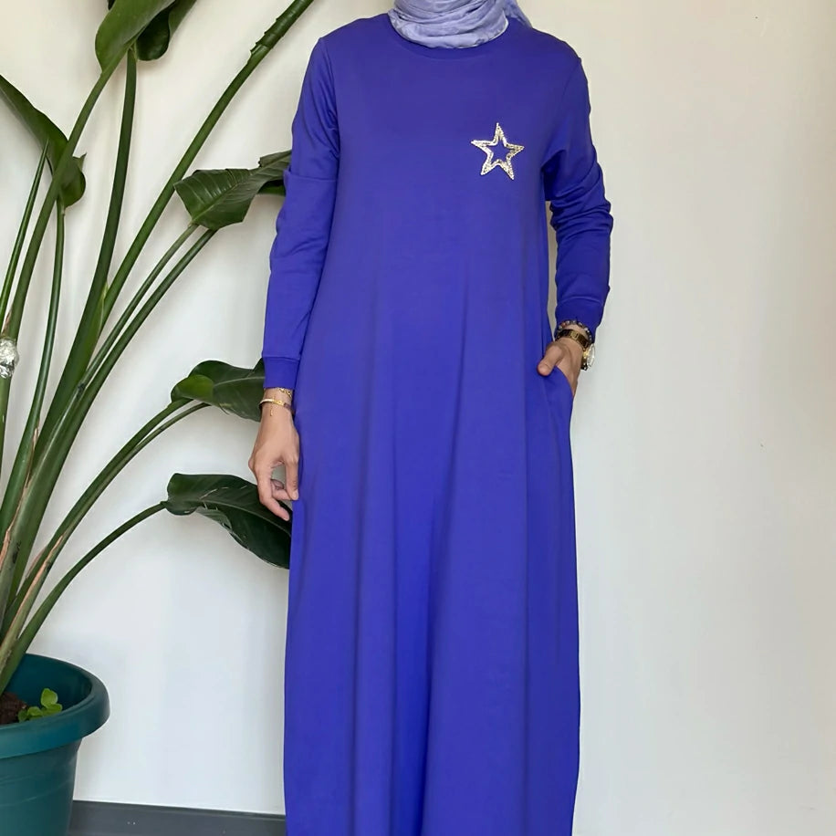 Yıldızlı Basic Elbise Mor